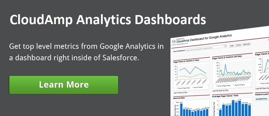 CloudAmp Analytics Dashboards: Get top level metrics from Google Analytics in a dashboard right inside of Salesforce.